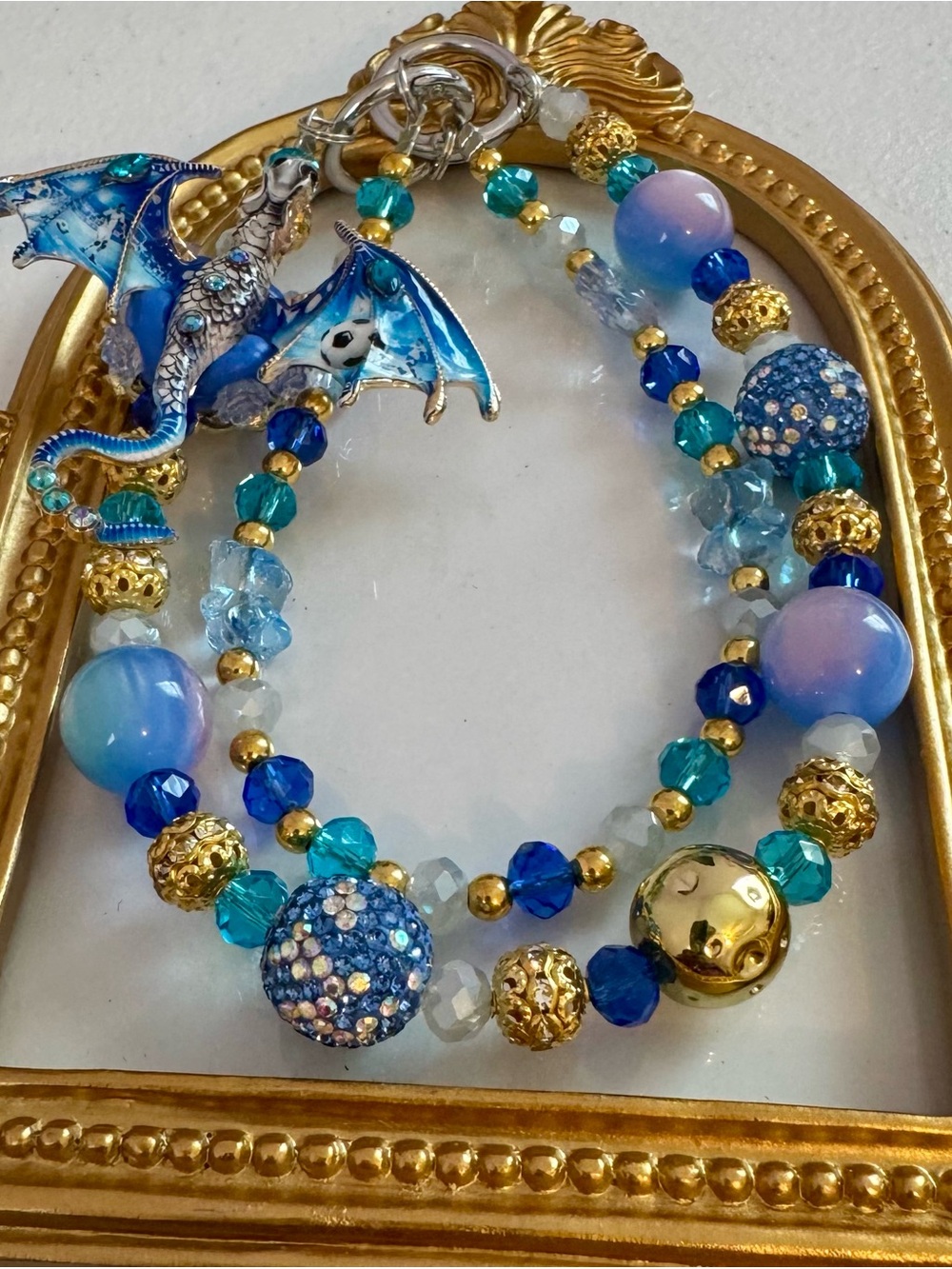 New Blue Crystal Beaded Dragon w/ soccer ball Phone Chain